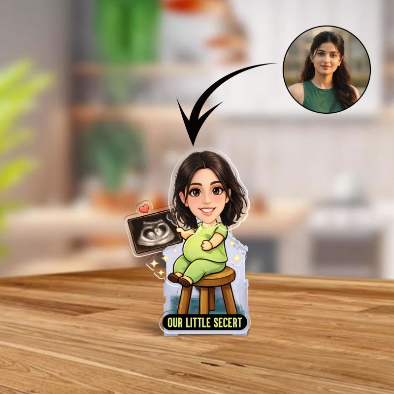 Personalized Bobblehead Caricature Our Little Secret Quote Pregnancy Gift Baby Shower Gift Gift for Pregnant Woman | Battery Powered Moving Head for Bedroom Tabletop Decor